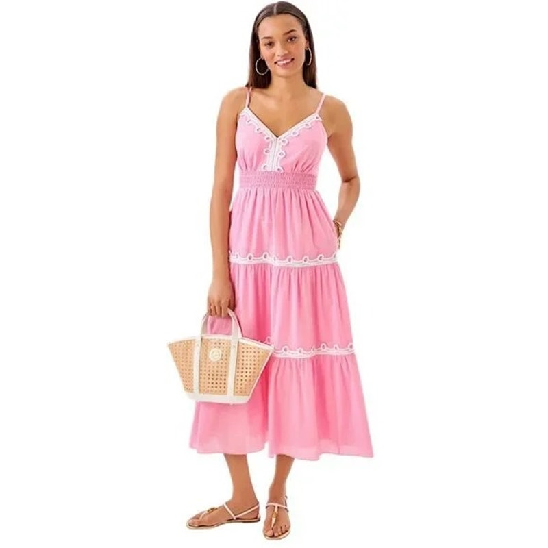 Lilly Pulitzer Zanna Cotton Embroidered Lined Midi Dress In Conch Shell Pink 2